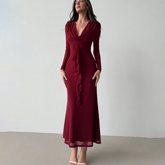 Damen Elegantes Maxikleid mit tiefem V-Ausschnitt und Rüschendetail EB