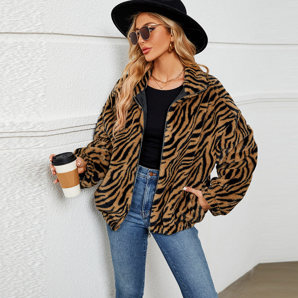 Damen Kuschelige Fleecejacke im Zebradesign EB