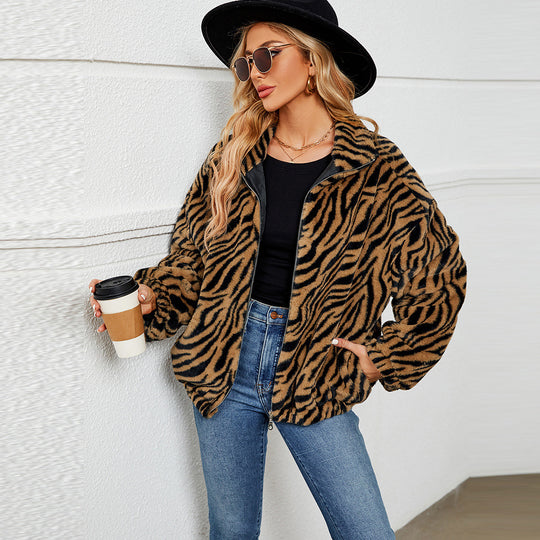 Damen Kuschelige Fleecejacke im Zebradesign EB