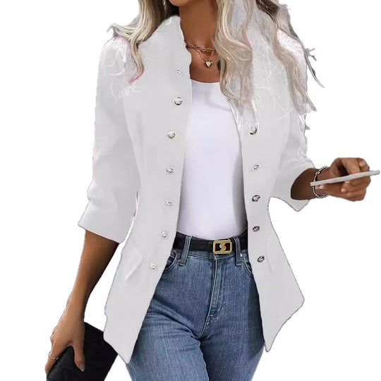 Damen nan taillierter Longblazer mit Stehkragen, dekorativer Metallknopfleiste und 3/4-Ärmeln EB