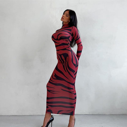 Damen Langarm-Maxikleid mit raffiniertem Leopardenmuster EB