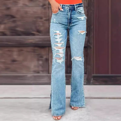 Damen Flared Jeans mit Distressed-Effekten und seitlichen Schlitzen EB