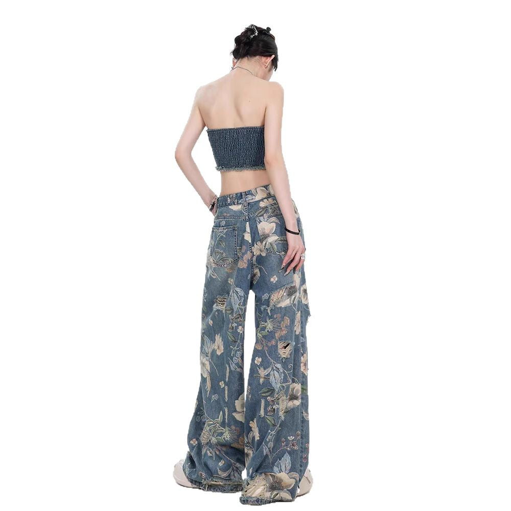 Damen Weit geschnittene Jeans mit floralem Design und schickem Destroyed-Effekt EB