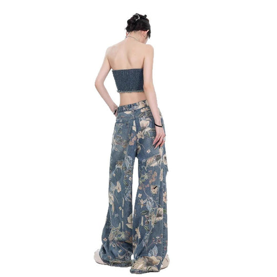 Damen Weit geschnittene Jeans mit floralem Design und schickem Destroyed-Effekt EB