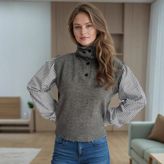 Damen Strickpullover mit modernem Kragen und eleganten gestreiften Ärmeln EB