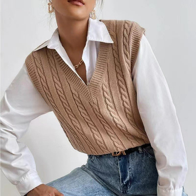 Damen Strickweste mit V-Ausschnitt und Zopfmuster EB