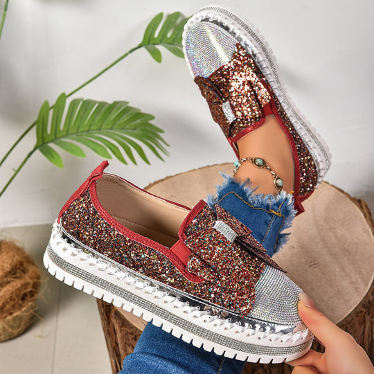Damen Glitzernde Slip-On Sneakers mit funkelndem Schleifendesign und rutschfester Sohle EB