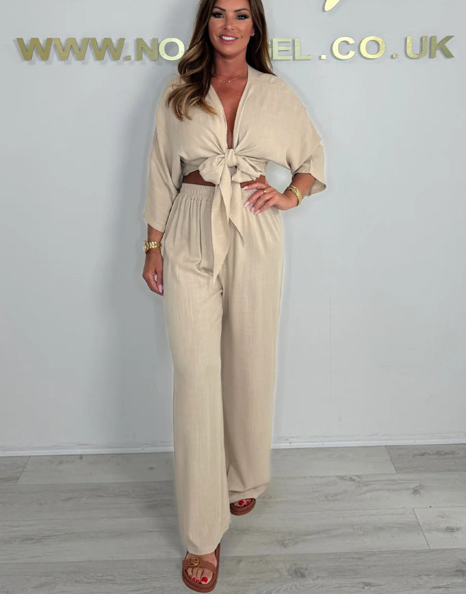 Damen Eleganter Jumpsuit mit verspieltem Knoten und weit geschnittenen Beinen EB