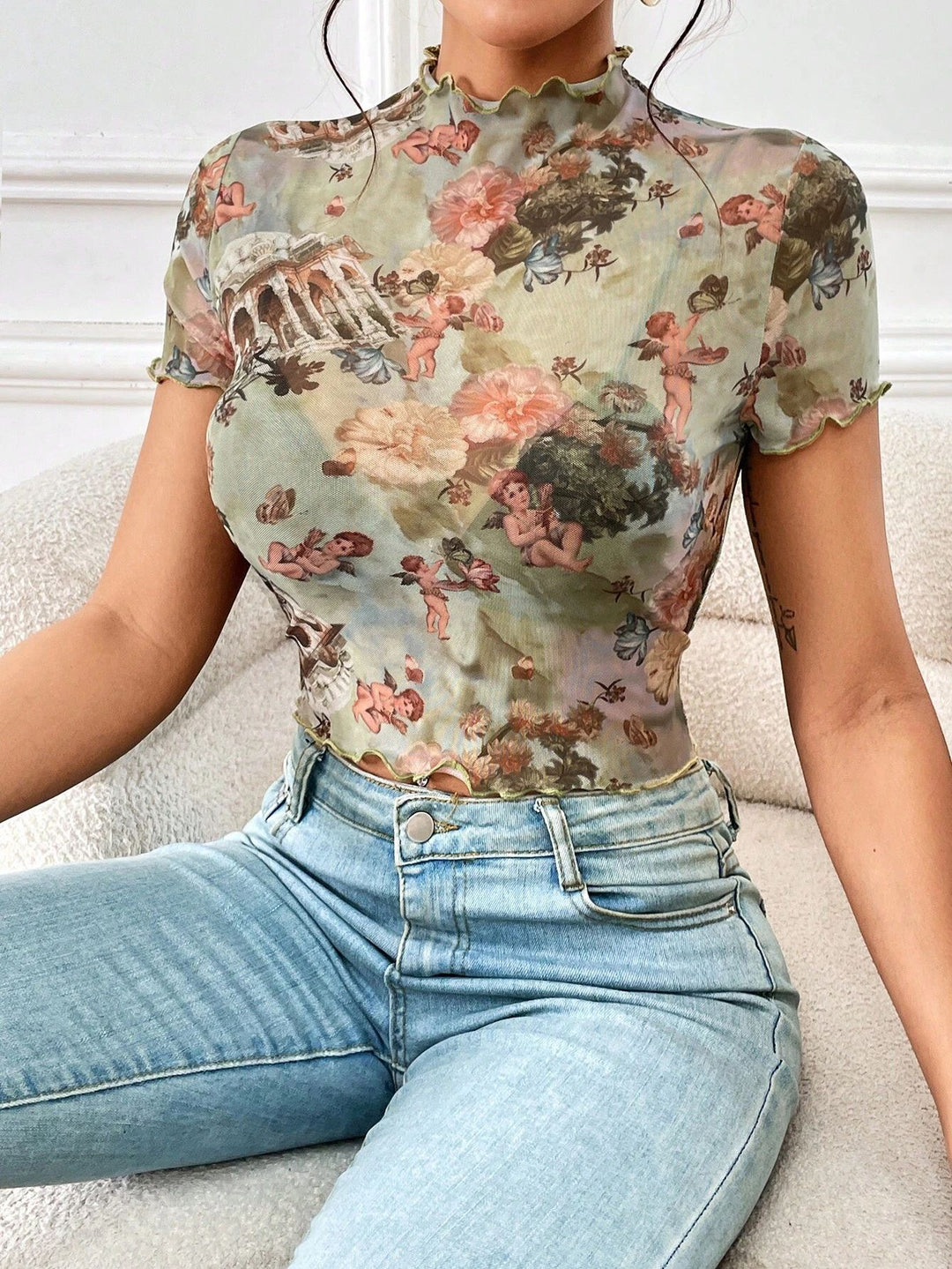 Damen figurbetonter Turtleneck-Body mit kunstvollem Druck EB