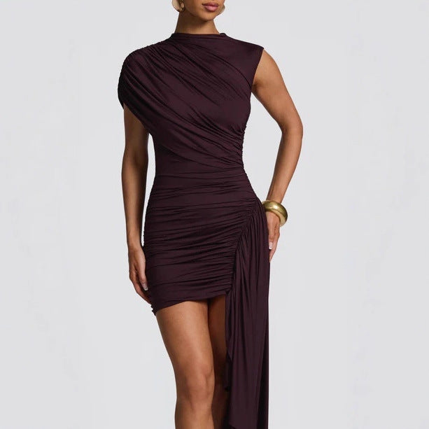Damen figurbetontes Minikleid mit asymmetrischem Schulterdesign und Drapierung EB