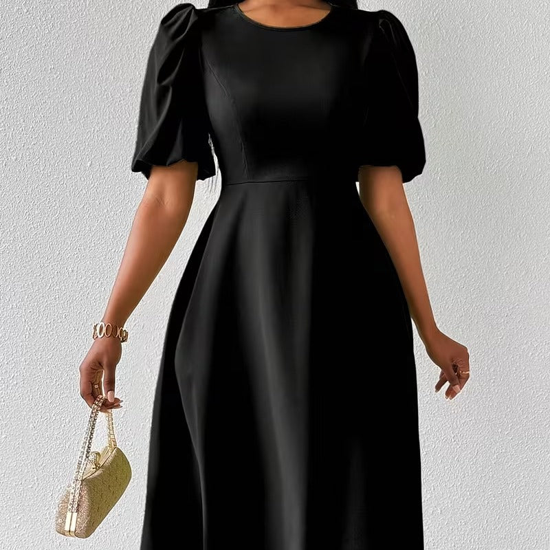 Damen Midi-Kleid mit Puffärmeln und schwingendem Saum EB