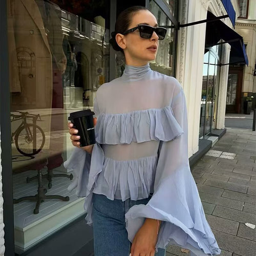 Damen Rüschenbluse mit weiten Ärmeln und elegantem Stehkragen EB