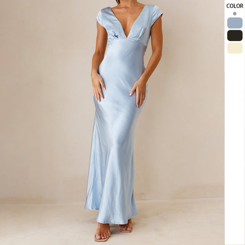 Damen Elegantes Maxikleid mit tiefem V-Ausschnitt und fließendem Satinfall EB