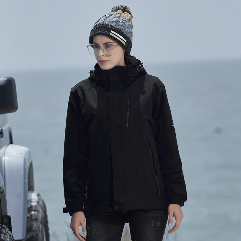 Damen Wasserdichte Outdoorjacke mit Kapuze, atmungsaktiver Membran und Multifunktions‑Reißverschlusstaschen EB