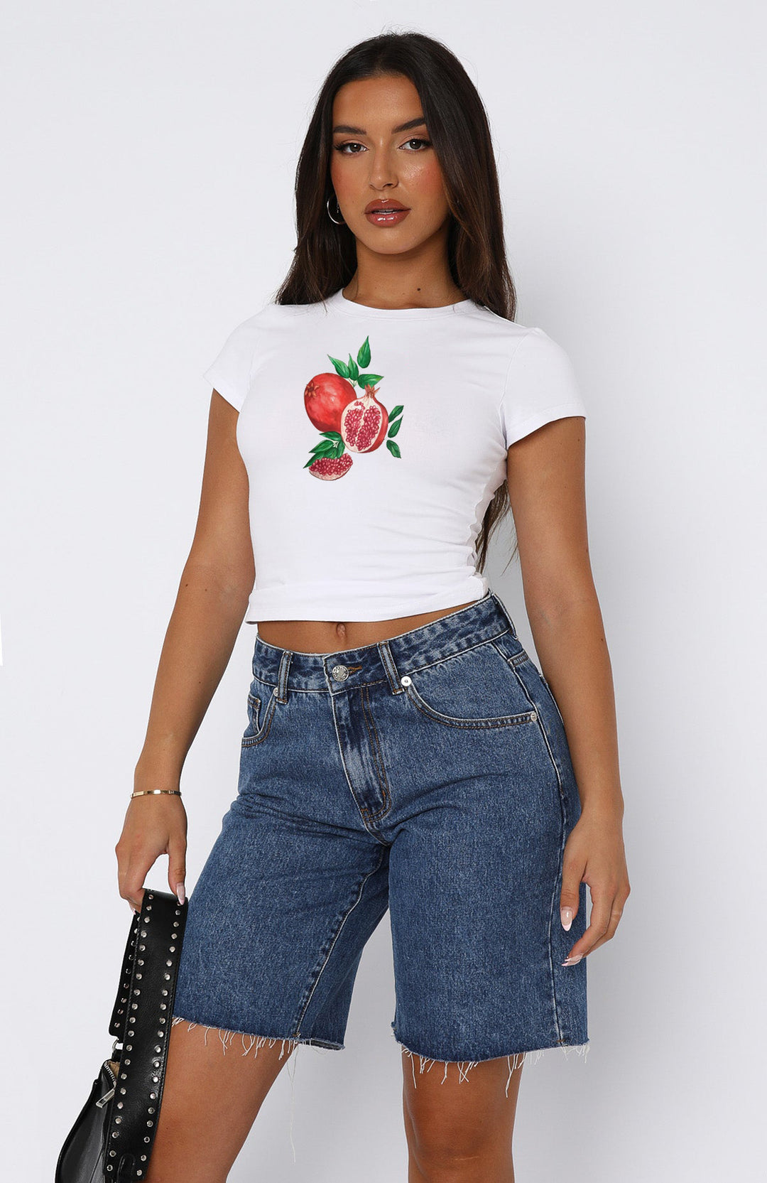 Damen Kurzarm Crop-Top mit fruchtigem Motiv und figurbetontem Schnitt EB