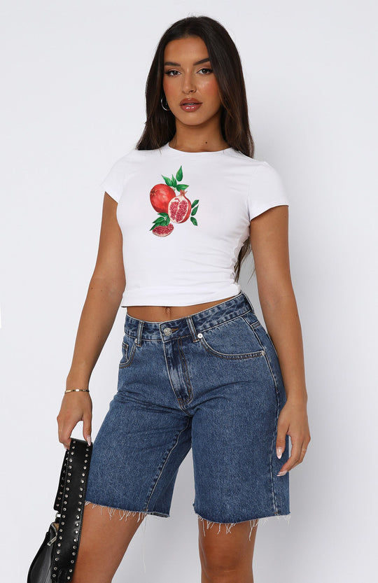 Damen Kurzarm Crop-Top mit fruchtigem Motiv und figurbetontem Schnitt EB