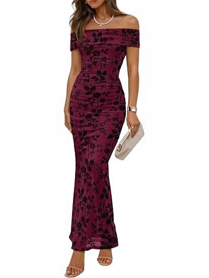 Damen elegantes Off-Shoulder Maxikleid mit floralem Muster und elastischem Einsatz EB