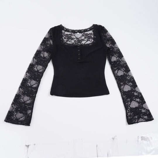 Damen Elegantes Langarmshirt mit Spitze und Knopfdetails EB