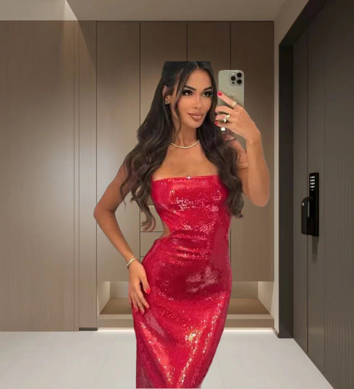Damen Glitzerndes Maxikleid mit schmalem Schnitt und schimmernden Pailletten EB