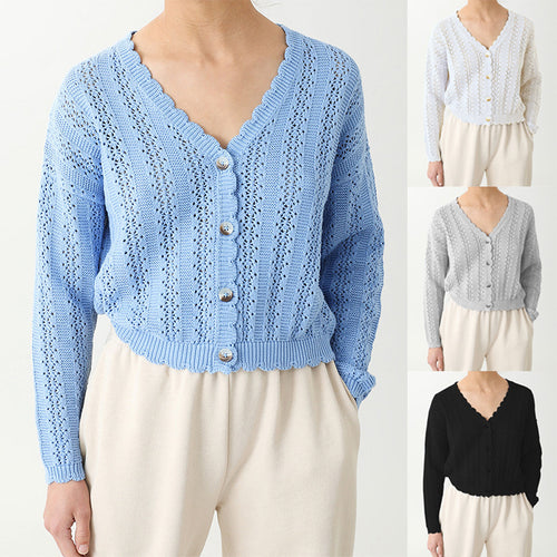 Damen Strickcardigan mit femininer Rüsche und Knopfdetails EB