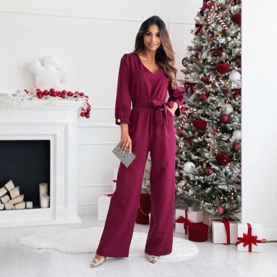 Damen Eleganter Jumpsuit mit taillierbarem Gürtel und V-Ausschnitt EB