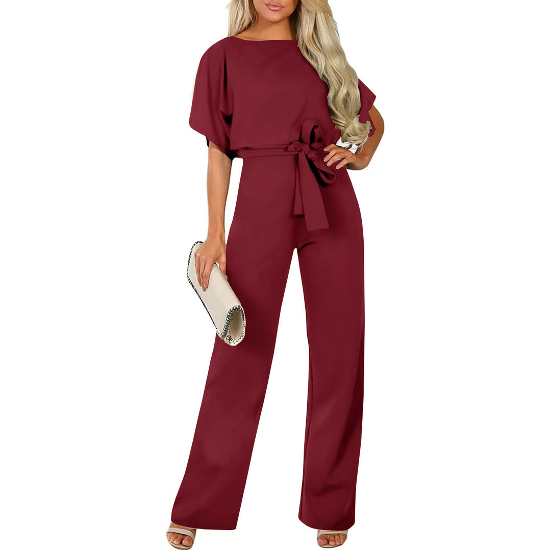Damen langer Jumpsuit mit innovativem Bindegürtel und angeschnittenen Ärmeln EB