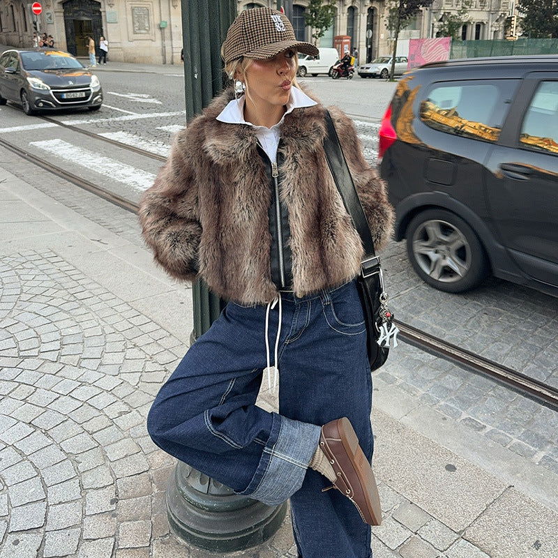 Damen Kunstpelzjacke im modernen Cropped-Stil EB