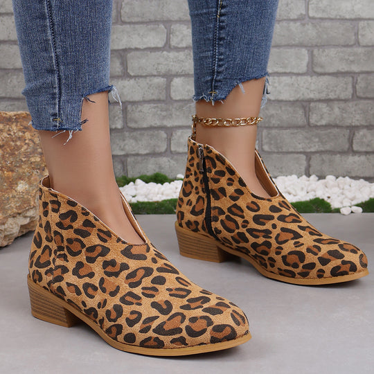 Damen nan V‑Ausschnitt Ankleboots aus Veloursoptik mit seitlichem Reißverschluss und niedriger Holzblocksohle EB