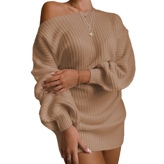 Damen Strickpullover Kleid mit off-shoulder Ausschnitt und voluminösen Ärmeln EB