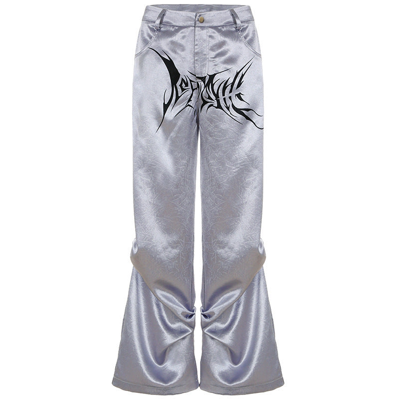 Damen Satin-Hosen mit dekorativem Grafikdruck und weitem Bein EB