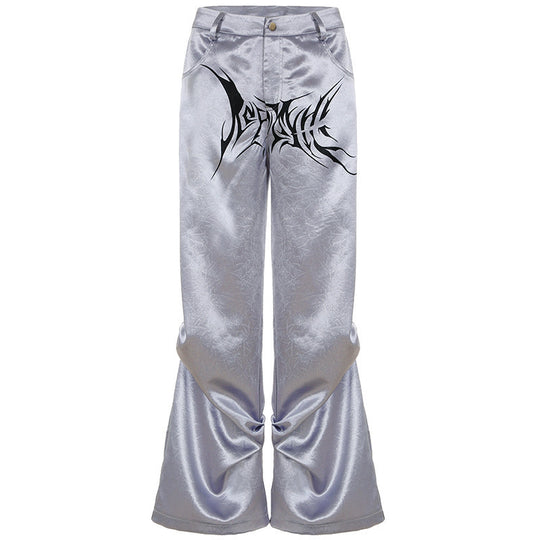 Damen Satin-Hosen mit dekorativem Grafikdruck und weitem Bein EB