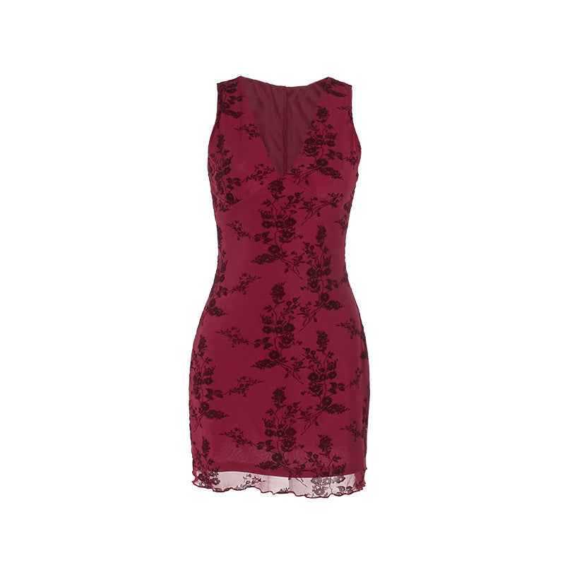 Damen figurbetontes Minikleid mit floralen Applikationen und tiefem V-Ausschnitt EB