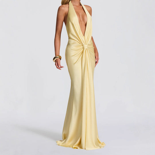 Damen Elegantes Maxi-Kleid mit tiefem V-Ausschnitt und drapierten Details EB