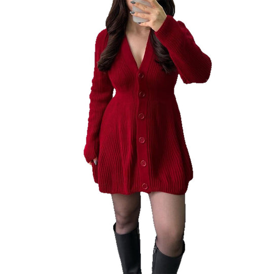 Damen nan tailliertes Strickkleid mit durchgehender Knopfleiste, V‑Ausschnitt und ausgestelltem A‑Linien‑Rock EB