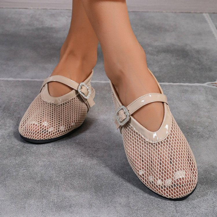 Damen atmungsaktive Ballerinas mit modischem Lochmuster und komfortablem Riemen EB