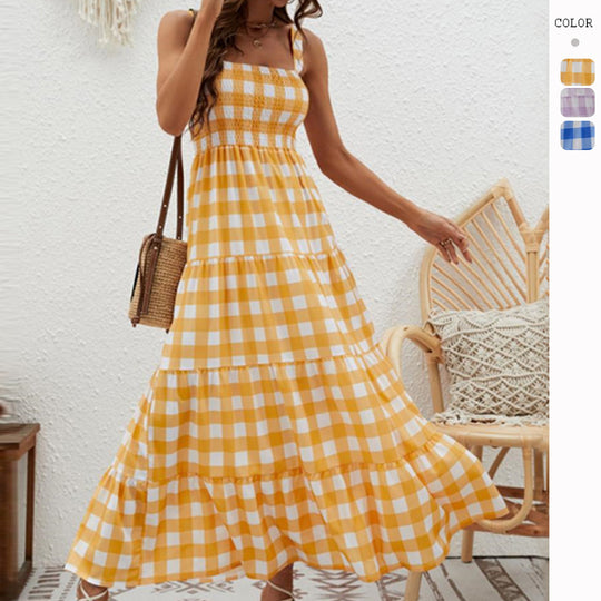 Damen Boho-Langkleid mit luftigen Rüschendetails und schmalen Spaghettiträgern EB