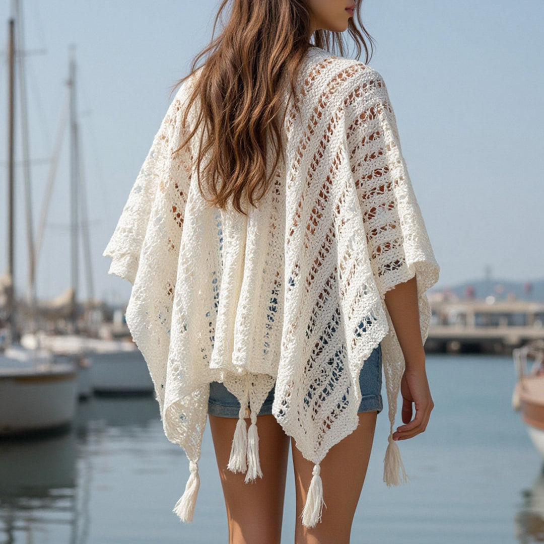 Damen luftiger Strickponcho mit Fransen EB