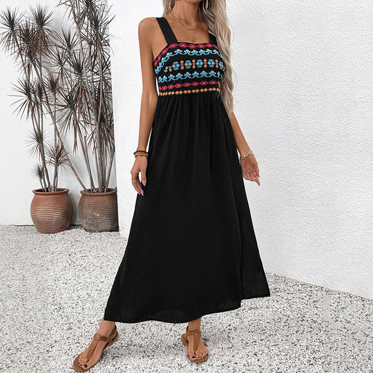Damen Sommerliches Maxikleid mit buntem Stickdesign und breiten Trägern EB