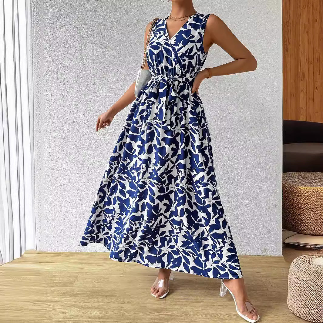 Damen nan Wickel-Maxikleid mit V-Ausschnitt und gebundenem Taillengürtel EB