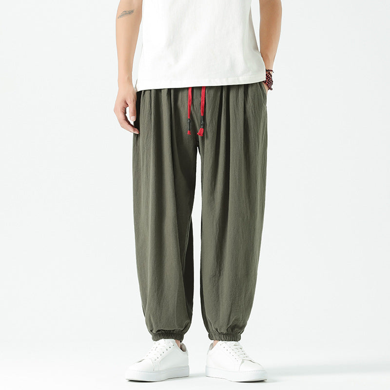 Herren nan locker geschnittene Leinen-Baumwoll Hose mit Kordelzug und elastischen Bündchen EB