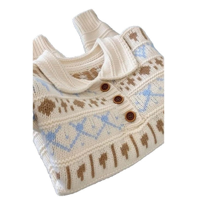 Damen Grobstrickpullover mit liebevollem Grafikumfang und romantischem Kragen EB