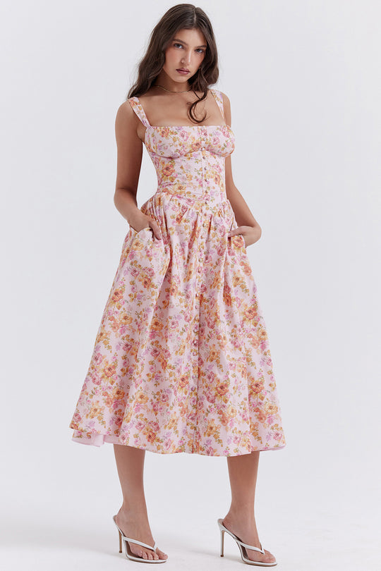 Damen Maxikleid mit floralen Mustern und dezenten Raffungen EB