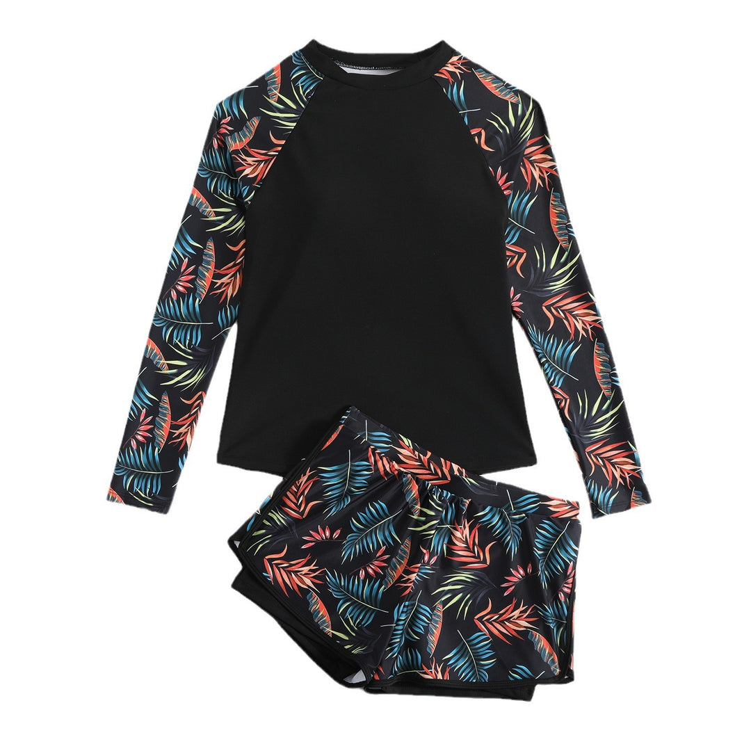 Damen Sportlicher Langarm Rashguard mit buntem Blattdesign EB