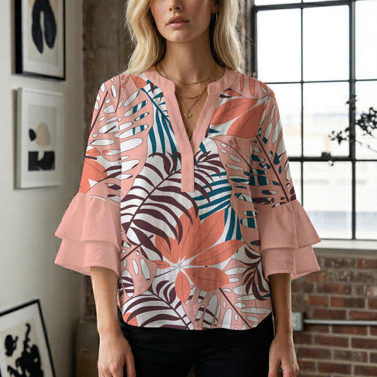 Damen Blusenshirt mit voluminösen Ärmeln und kreativem Druckdesign EB