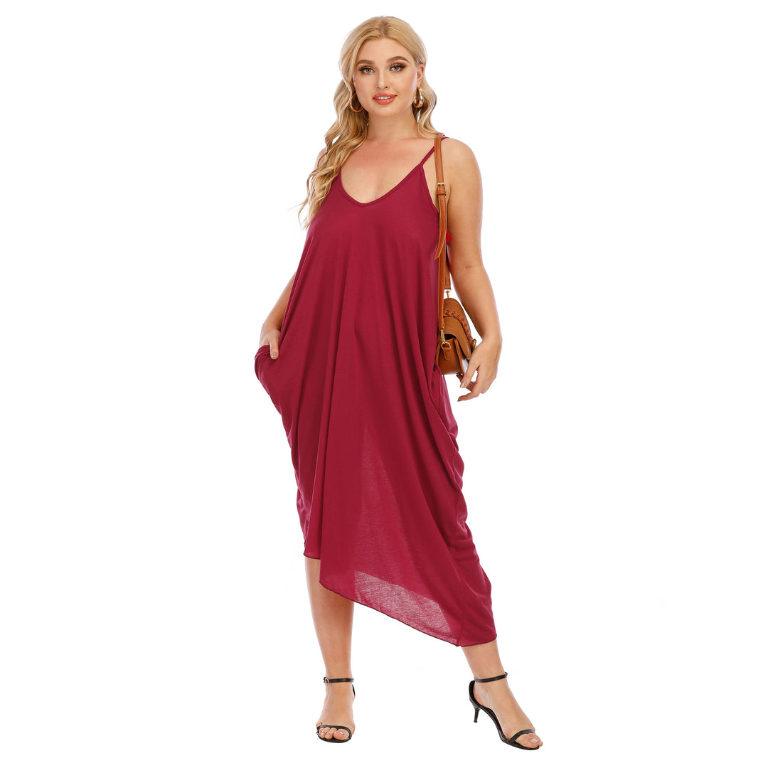 Damen lässiges Maxikleid mit tiefem V-Ausschnitt und Seitentaschen EB