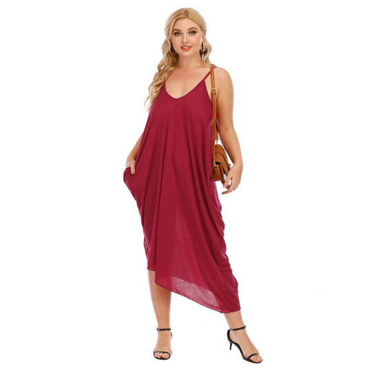 Damen lässiges Maxikleid mit tiefem V-Ausschnitt und Seitentaschen EB