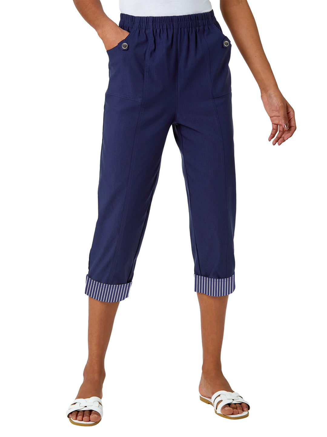 Damen Cropped Capri-Hose mit elastischem Bund, aufgesetzten Taschen und kontrastiertem Umschlag EB