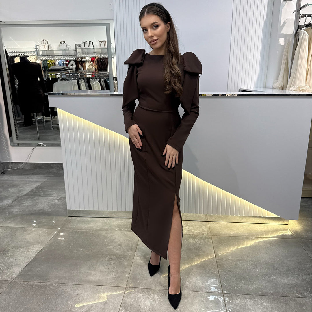 Damen Maxi-Kleid mit eleganten Puffärmeln und seitlichem Schlitz EB