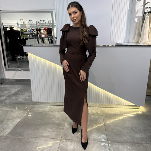 Damen Maxi-Kleid mit eleganten Puffärmeln und seitlichem Schlitz EB