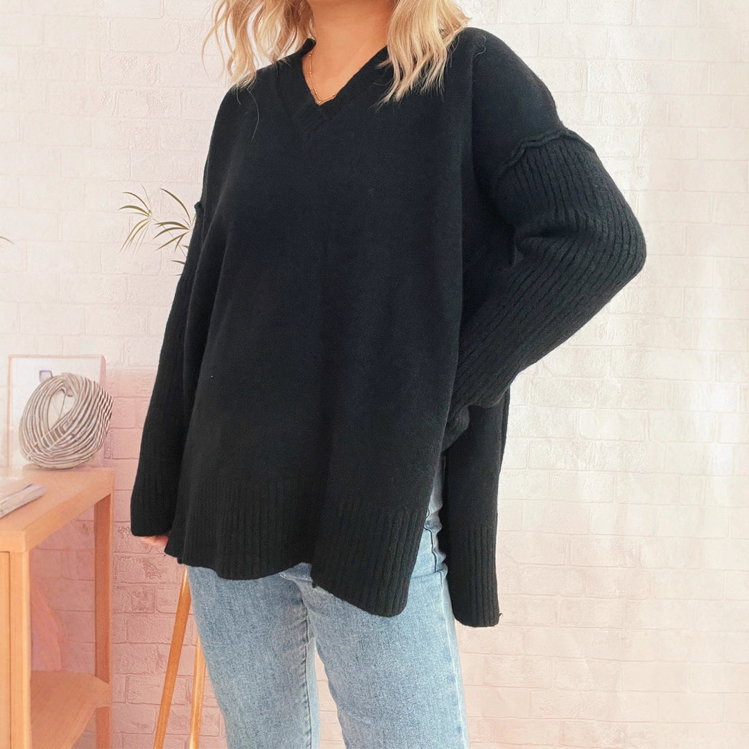 Damen lässiger V-Ausschnitt Pullover mit stylishen Rippdetails EB